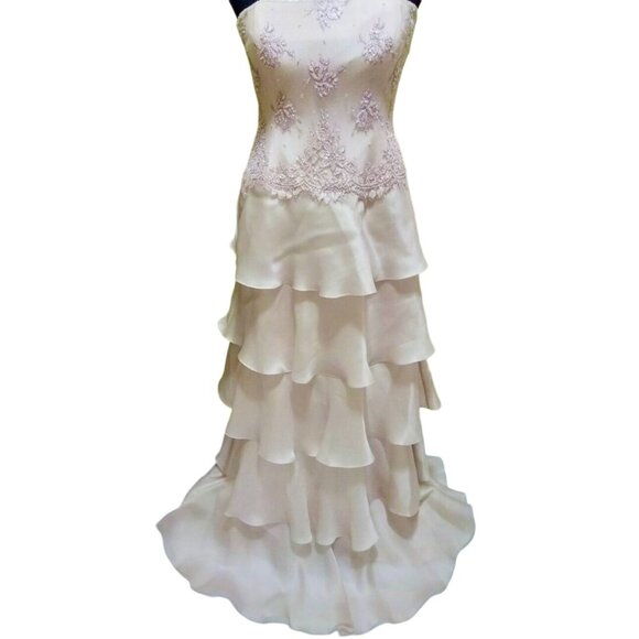 New Rickie Freeman Teri Jon Strapless Tiered Ruffled Gown Silk Lace Dress Sz12